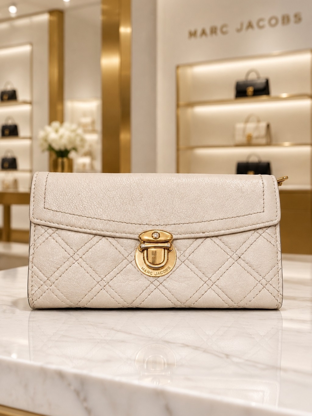 Marc Jacobs Quilted Leather Wallet Crossbody in Light Beige